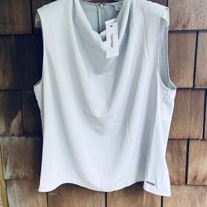 Calvin Clein Basic Draped Boat Neck Top Light Blue Sleeveless